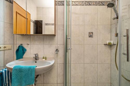 a bathroom with a sink and a shower at Drei-Mädelhaus Ambs Wohnung 2 in Gornhofen
