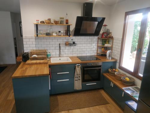 une cuisine avec des armoires bleues et un évier dans l'établissement Fred, à Messanges