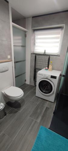 a bathroom with a toilet and a washing machine at Le Paradis d'Ayli in Aywaille