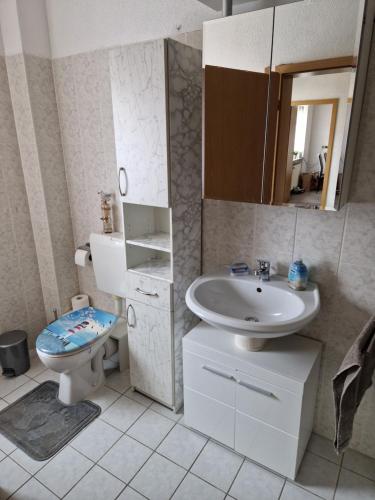 een badkamer met een wastafel en een toilet bij Ferienwohnung/Monteurunterkunft Leopolshall in Staßfurt