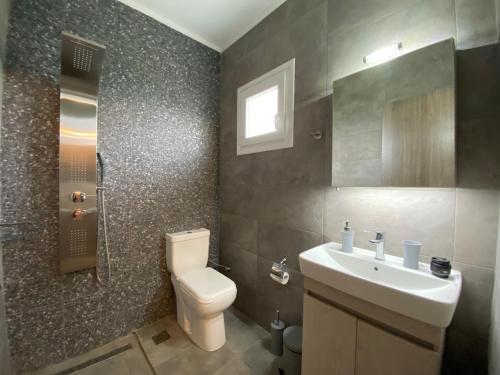 a bathroom with a white toilet and a sink at Vot villas in Ormos Panagias