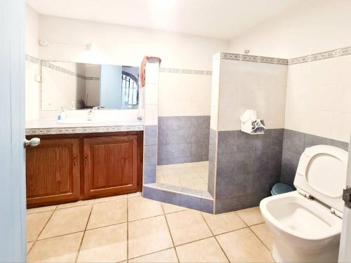 W łazience znajduje się prysznic, toaleta i umywalka. w obiekcie Bastide sur Mer w mieście Blue Bay