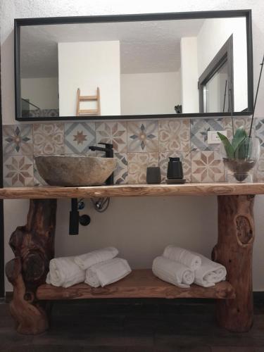 ein Badezimmerregal mit einem Waschbecken und einem Spiegel in der Unterkunft Etna Country Home in Nicolosi
