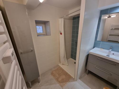 ein Bad mit einer Dusche und einem Waschbecken in der Unterkunft Fontaine Vieille in Saint-Georges-de-Luzençon