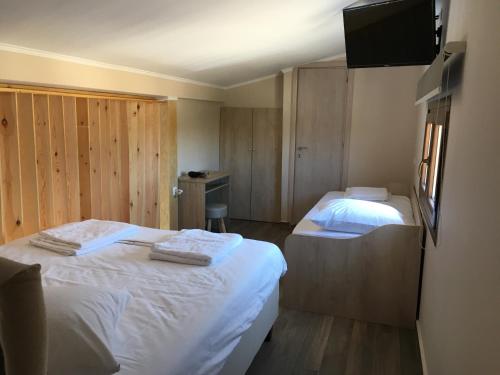 a bedroom with two beds and a flat screen tv at The Diamond of Kriaritsi "Villas with private pools & hydromassage" in Kriaritsi