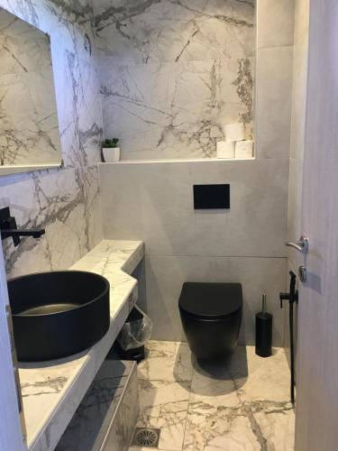 een badkamer met een zwart toilet en een wastafel bij The Diamond of Kriaritsi "Villas with private pools & hydromassage" in Kriaritsi