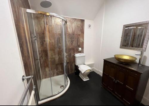 een badkamer met een douche, een wastafel en een toilet bij Talbot Hotel in Stourbridge