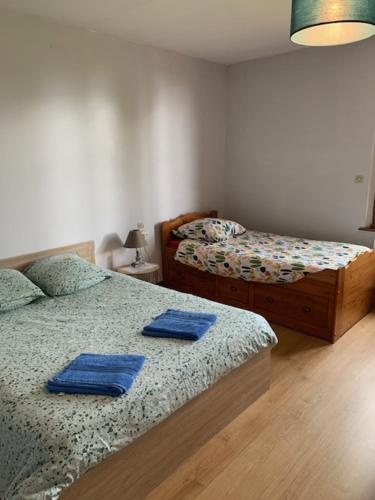 2 letti in una camera da letto con asciugamani blu di Chambres d'hôtes a Beaubec-la-Rosière