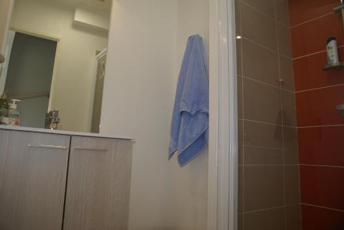 La salle de bains est pourvue d'une serviette bleue accrochée au mur. dans l'établissement Villa moderne Nakara T3 Cabine à Rochelongue, au Cap d'Agde