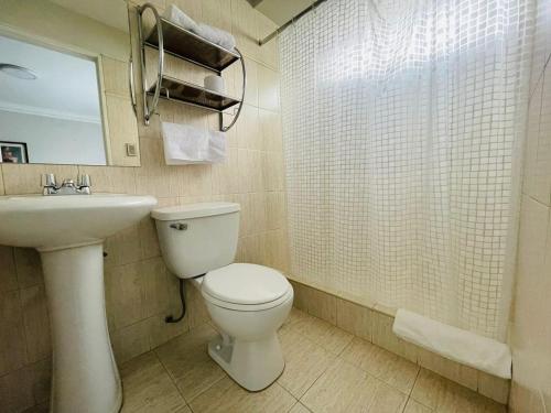 a bathroom with a toilet and a sink and a shower at Hotel Casagrande in Arequipa