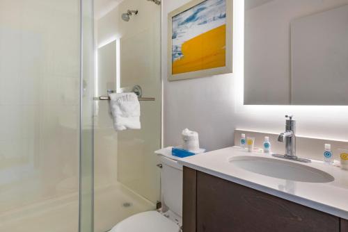 a bathroom with a shower and a sink and a toilet at Comfort Inn Philadelphia International Airport West in Chester