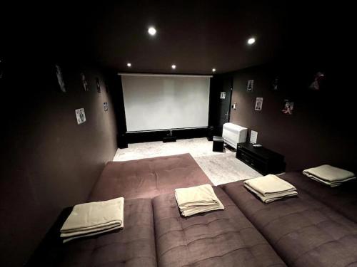 Cette chambre comprend un lit et un écran de projection. dans l'établissement Splendide villa avec piscine et salle cinéma, au Grau-dʼAgde