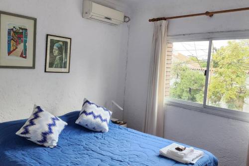 a bedroom with a blue bed with pillows and a window at CERCA DE TODO amplio in Mendoza