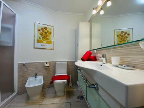 a bathroom with a sink and a toilet and a mirror at Cozy seaside apartment 215 in Parque Santiago 2 in Playa de las Americas