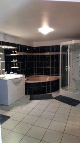 une salle de bain avec une baignoire, un lavabo et une douche dans l'établissement La maison de Véro, à Wittisheim