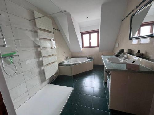 baño grande con 2 lavabos y ducha en Appartement Stotzheim La Romaine en Stotzheim