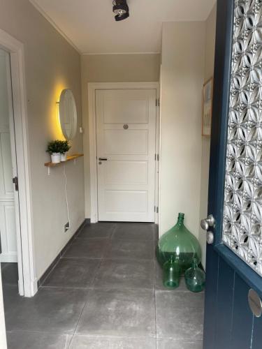 ein Flur mit einer weißen Tür und einer grünen Vase in der Unterkunft Klein Nienoord Midwolde in Midwolde