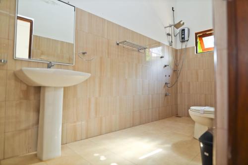 La salle de bains est pourvue d'un lavabo et de toilettes. dans l'établissement Thinaya lake resort, à Anurâdhapura