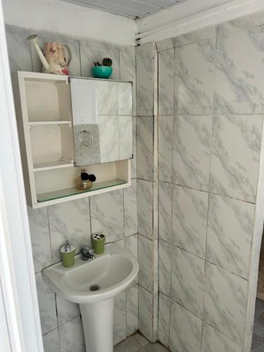 uma casa de banho branca com um lavatório e um chuveiro em APART PELUSA em Fray Bentos