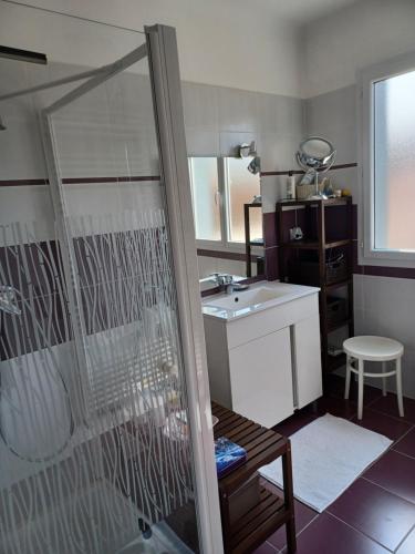 W łazience znajduje się prysznic i umywalka. w obiekcie Entre Loire et canal w mieście Briare