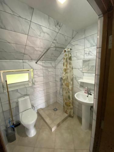La salle de bains est pourvue de toilettes et d'un lavabo. dans l'établissement Гостьовий Будинок Косонь, à Koson