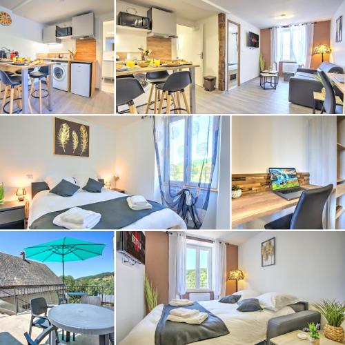 un collage de photos d'une chambre d'hôtel dans l'établissement Le Sabot - Netflix/Wi-Fi Fibre/Terasse - 4 pers, à Banassac