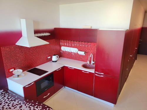 a small kitchen with red cabinets and a sink at Odessa arkadiya 4 room and Jacuzzi Lux in Odesa