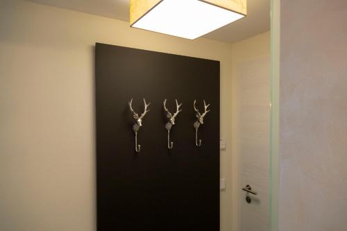 a wall with three antlers hanging on a wall at City Apartments Wolfgangsee in St. Wolfgang