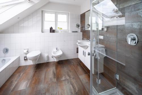 W łazience znajduje się toaleta z umywalką i prysznic. w obiekcie Röther Gesundheitszentrum Bodensee w mieście Überlingen