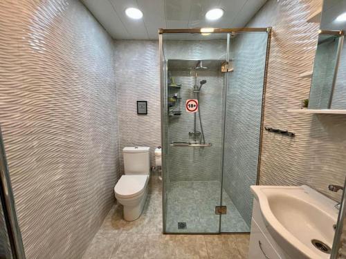 a bathroom with a shower and a toilet and a sink at Luxuary Apartment in Yerevan,Centre,Saryan Street in Yerevan