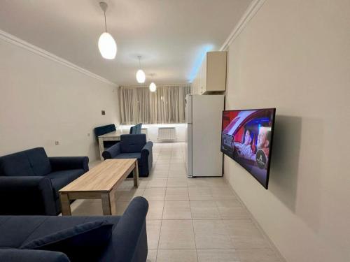 a living room with a couch and a tv on a wall at Luxuary Apartment in Yerevan,Centre,Saryan Street in Yerevan