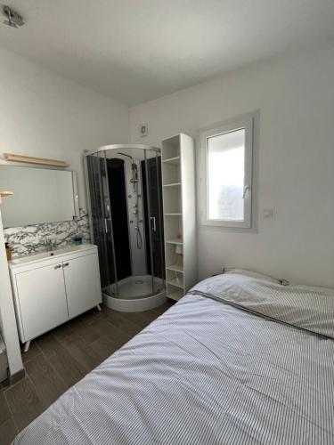 Schlafzimmer mit einem Bett, einer Dusche und einem Spiegel in der Unterkunft Beau studio indépendant à15mn de la plage, proche de toute commodité in Béziers