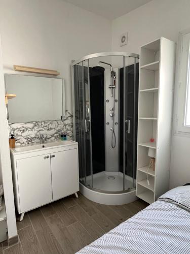 a bathroom with a shower and a sink at Beau studio indépendant à15mn de la plage, proche de toute commodité in Béziers