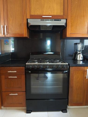 a black stove in a kitchen with wooden cabinets at Espacioso apartamento en Puerto Plata in San Felipe de Puerto Plata