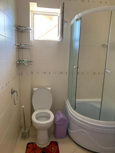 uma casa de banho com um WC, um chuveiro e uma janela. em Коттедж Иссык-Куль солнышко VIP 2 em Chok-Tal