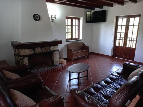 a living room with a couch and a fireplace at Casa Vale Nicolau in Arganil