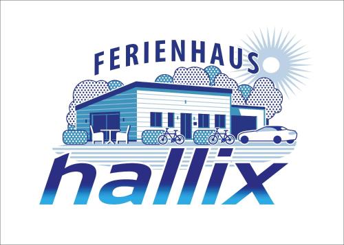 a logo for a farm house with a car at Ferienhaus Hallix in Sande