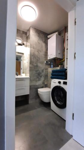 a bathroom with a washing machine and a toilet at Apartament Błękitny Przy Morzu in Gąski
