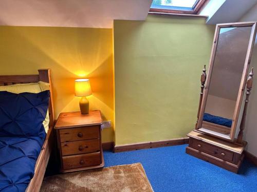 a bedroom with a bed and a dresser and a mirror at Stable Cottage in Germansweek