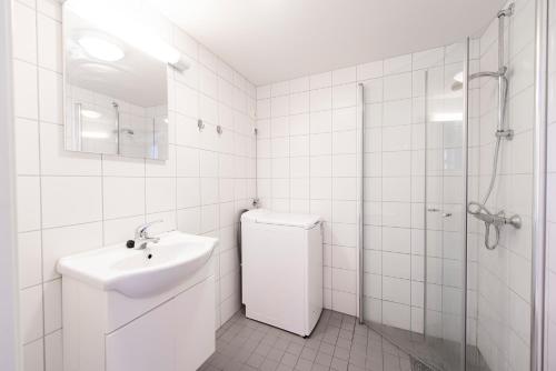 W łazience znajduje się umywalka, toaleta i prysznic. w obiekcie Leiligheter i Gamle Oslo w Oslo