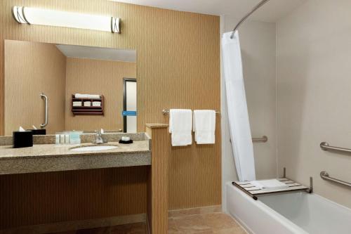 La salle de bains est pourvue d'un lavabo, d'une baignoire et d'un miroir. dans l'établissement Hampton Inn Abilene, à Abilene