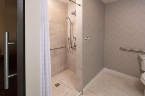 a shower with a glass door in a bathroom at Embassy Suites Amarillo Downtown in Amarillo