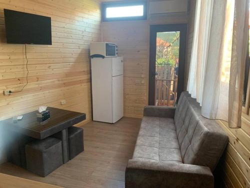 a living room with a couch and a refrigerator at C`est la vie in Mtskheta
