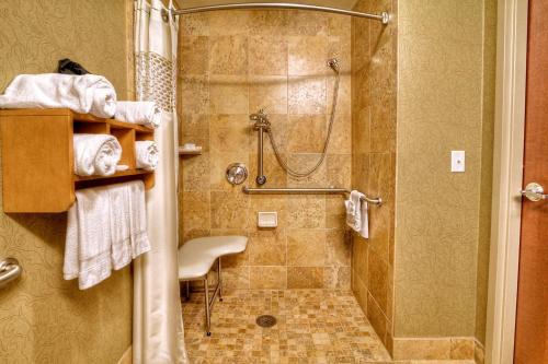 uma casa de banho com um chuveiro, um lavatório e um chuveiro em Hampton Inn & Suites Nashville-Vanderbilt-Elliston Place em Nashville