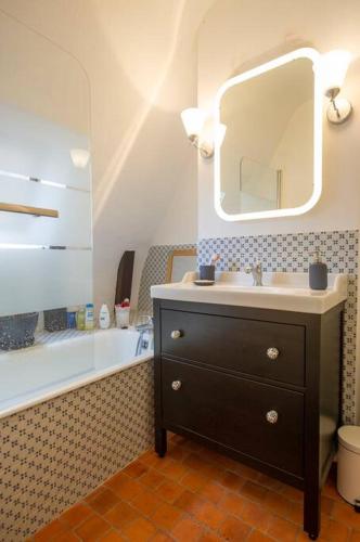 une salle de bain avec un lavabo, un miroir et une baignoire dans l'établissement Appartement de caractère au cœur du vieux Tours, à Tours