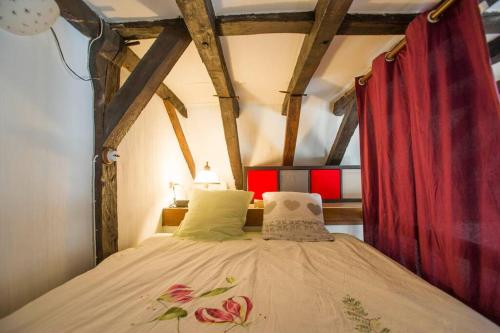 une chambre avec un lit avec un rideau rouge dans l'établissement Appartement de caractère au cœur du vieux Tours, à Tours