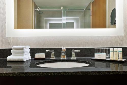 a bathroom counter with a sink and a mirror at Embassy Suites by Hilton Columbus Dublin in Dublin