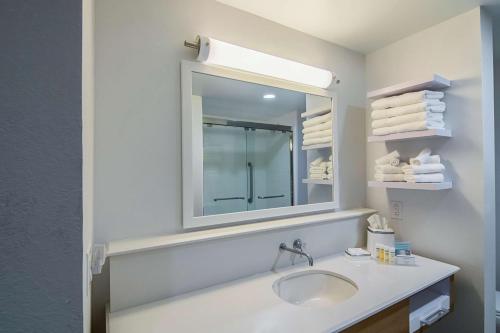 理查森的住宿－達拉斯/理查森漢普頓酒店及套房，浴室配有盥洗盆、镜子和毛巾