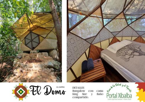 duas fotos de uma tenda com uma cama e um quarto em Portal Xibalba em Playa del Carmen
