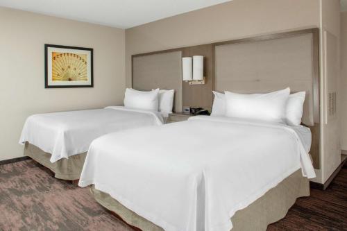 歐文的住宿－達拉斯-歐文拉斯科琳娜希爾頓惠庭套房酒店，配有白色床单的酒店客房内的两张床